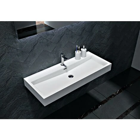 Lavabo Sospeso O Da Appoggio In Marmo Artificiale BS6002 - Bianco - 76,5 Cm E 100cm 76.5cm - Con Preforatura