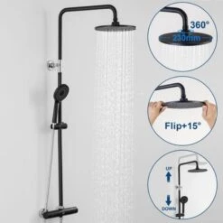 Cecipa Nero 38°C Colonne Doccia Termostatiche Colonna Doccia Termostatica Con Doccetta, Soffione A Pioggia, Set Doccia Termostatico Regolabile In Altezza