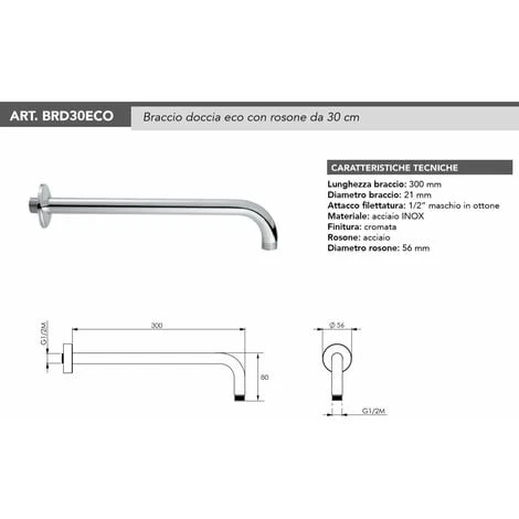 Braccio Doccia In Acciaio Inox 30 Cm -1/2 Gas Tecom BRD30ECO 300mm - immagine 2