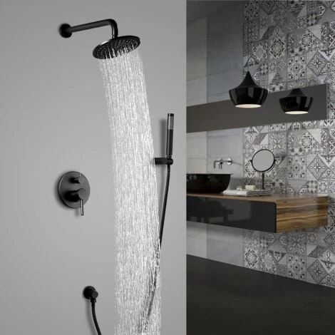Gruppo Doccia Termostatico A Parete Con Doccetta Finitura Nera Supporto A Muro Da 200 Mm - immagine 3