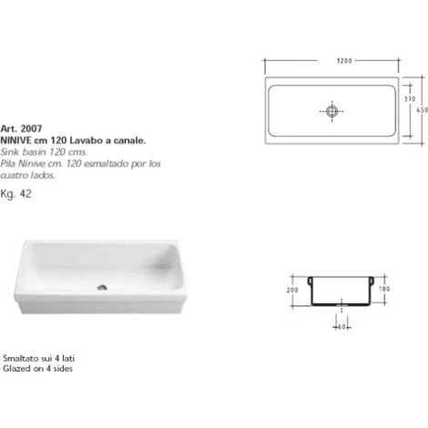 Lavabo A Canale 120x45xh20 Cm In Ceramica Galassia Ninive Bianco - immagine 3