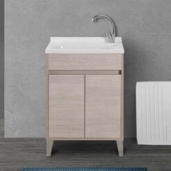 Mobile Lavatoio 60x50 Cm Linea Way Rovere Chiaro Con Vasca, Asse E Kit Di Scarico