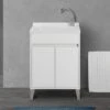 Mobile Lavatoio 60x50 Cm Linea Way Bianco Lucido Con Vasca, Asse E Kit Di Scarico