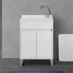 Mobile Lavatoio 60x50 Cm Linea Way Bianco Lucido Con Vasca, Asse E Kit Di Scarico