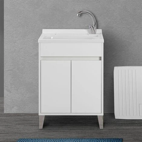 Mobile Lavatoio 60x50 Cm Linea Way Bianco Lucido Con Vasca, Asse E Kit Di Scarico