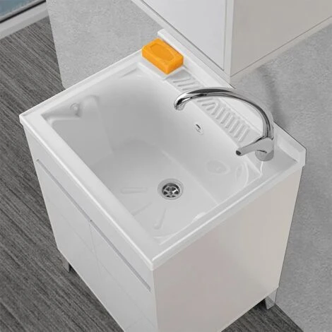 Mobile Lavatoio 60x50 Cm Linea Way Bianco Lucido Con Vasca, Asse E Kit Di Scarico - immagine 3