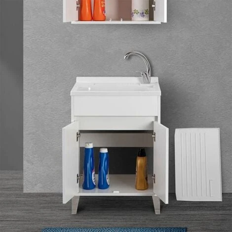 Mobile Lavatoio 60x50 Cm Linea Way Bianco Lucido Con Vasca, Asse E Kit Di Scarico - immagine 5