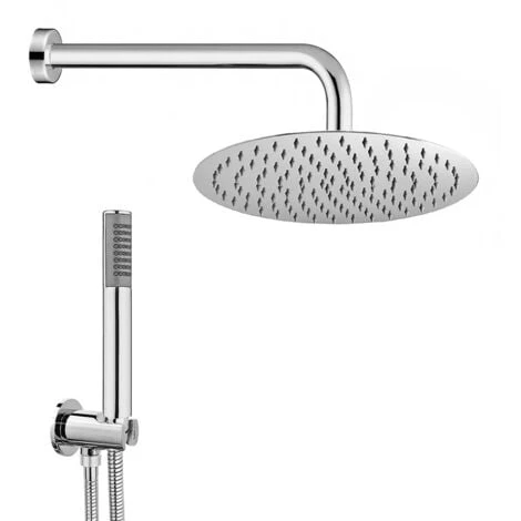 Kit Doccia Tondo Cromo Con Set Doccia + Soffione Acciaio 25 Cm E Braccio 40 Cm