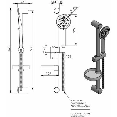 Set Miscelatore Esterno Doccia Completo Di Asta Saliscendi Damast 17753 Cromo - Meccanico - immagine 3