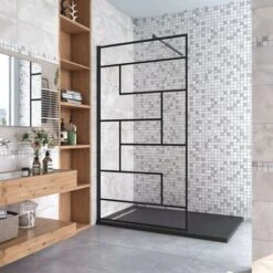 100x200cm Walk In Parete Per Doccia In Vetro Temperato 8mm Anticalcare Serigrafato Nero Con Riquadri Barra Stabilizzatrice Da 70-120 Cm Nero Opaco