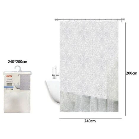 Trade Shop - Tenda Doccia Vasca Bianca Impermeabile Pvc 240 X 200cm Decorata Con Foglie 69514