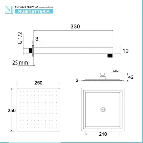 Set Doccia Quadrato Nero Opaco Completo Di Soffione 25x25 Cm E Set Doccetta - immagine 2