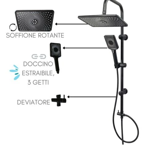 Colonna Doccia Senza Miscelatore ZIK, Saliscendi Con Soffione E Doccetta Estraibile 3 Getti + Deviatore - Nero - immagine 3