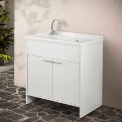 Mobile Lavatoio Esterno 80x50 Bianco Con Vasca In Resina