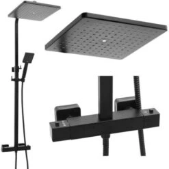 Set Doccia Nero - Con Soffione A Pioggia 30cm - E Rubinetto Termostatico