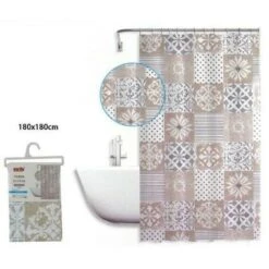 Trade Shop - Tenda Doccia Antimuffa Impermeabile 180x180cm Anelli Bagno Maioliche Beige 59529