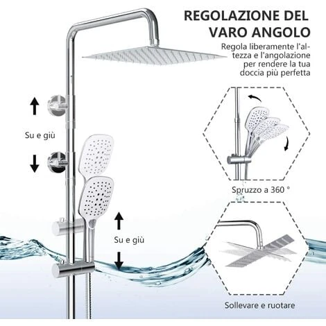 DALMO Colonna Da Doccia, Sistema Doccia Senza Miscelatore Con Soffione Da Testa Quadrato E Soffione A Mano Con 3 Modi Di Spruzzo, Sistema Da Bagno Regolabile E Brillante- DBWF01XS - immagine 5