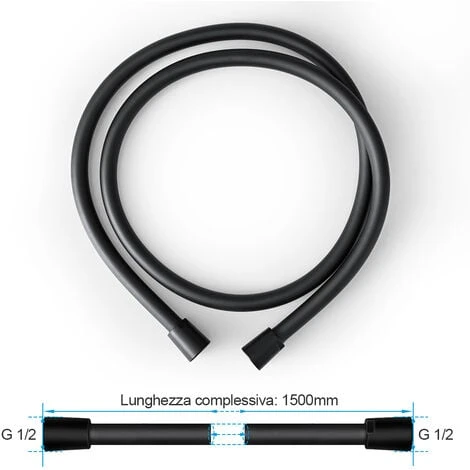 Heilmetz Tubo Doccia 1,5 M Tubo Doccia Premium Con Antitorsione Tubo Doccia Liscio In PVC Con Attacco Universale G 1/2 Standard Nero
