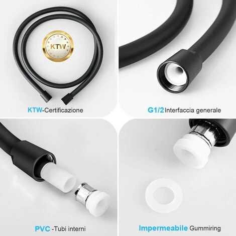 Heilmetz Tubo Doccia 1,5 M Tubo Doccia Premium Con Antitorsione Tubo Doccia Liscio In PVC Con Attacco Universale G 1/2 Standard Nero - immagine 2